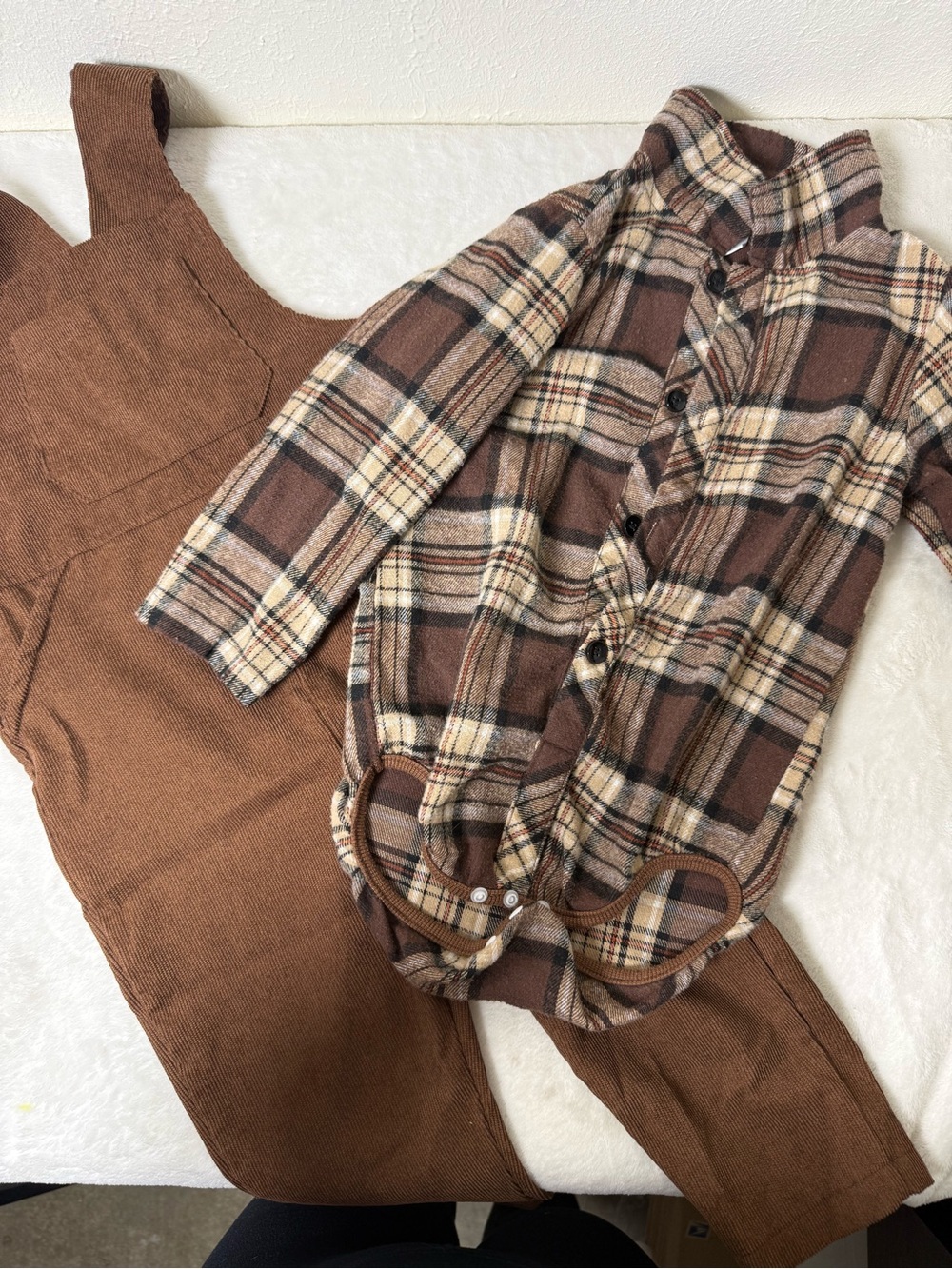 SHEIN Brown Plaid Button-Up Jumpsuit Set